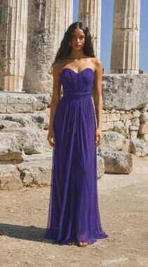 Badgley Mischka Strapless Pleated Maxi Gown in Deep Purple